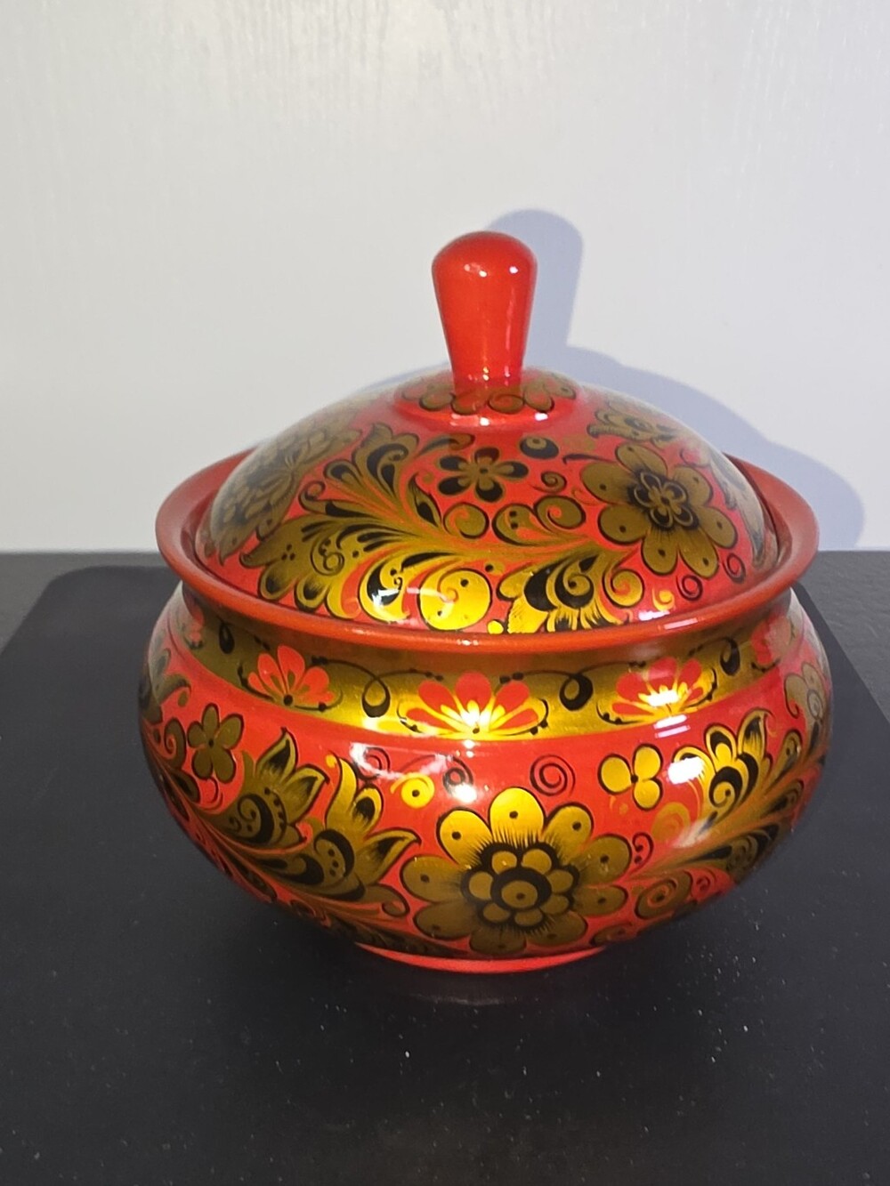 Beautiful Russian Khokhloma Trinket Or Sugar Bowl.
